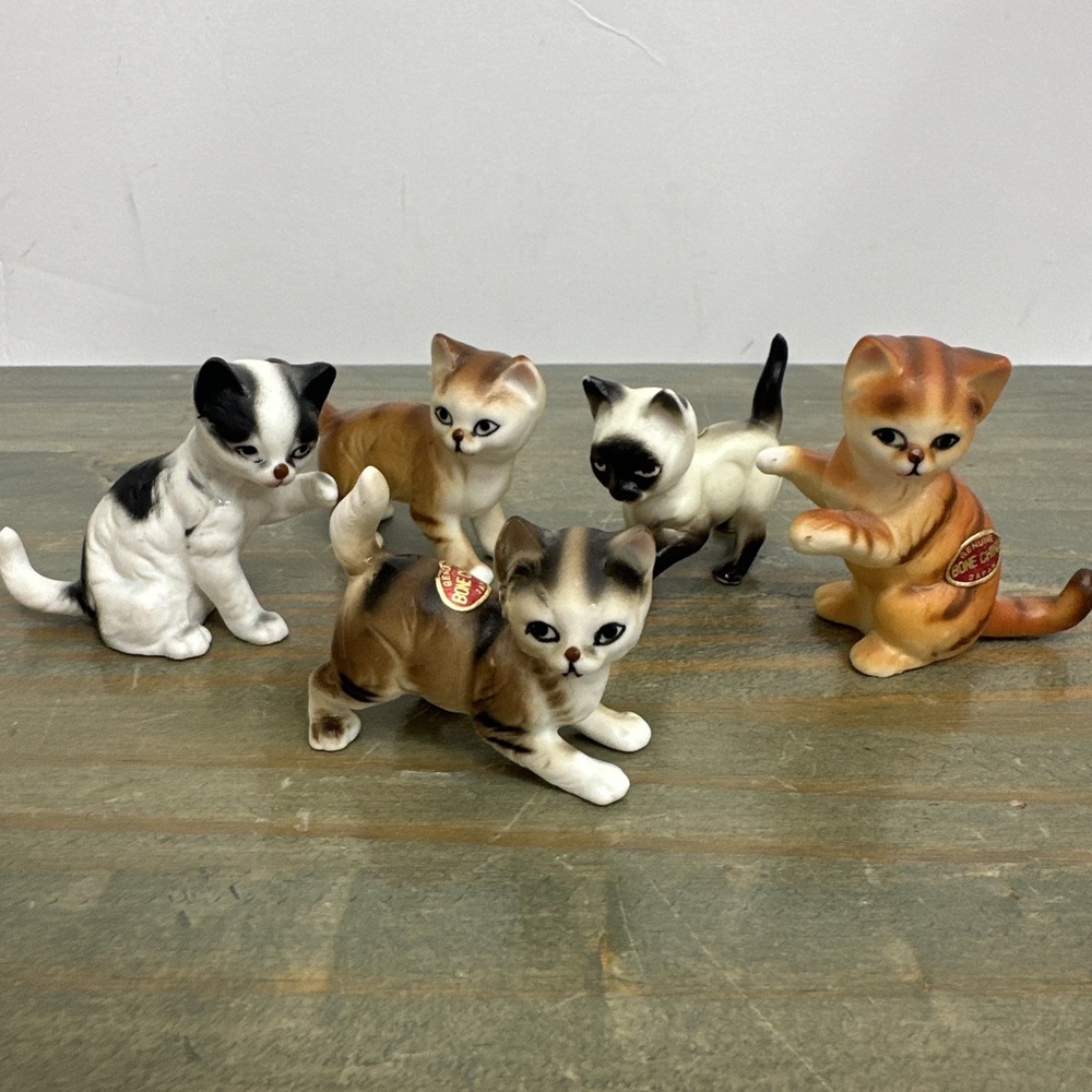 Lot 5 Vintage Bone China cat Miniatures Playful Kittens made Japan Foil Stickers